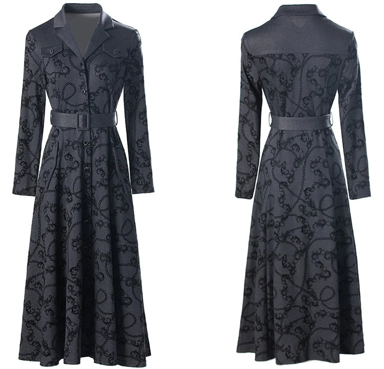 Harriet Turn-down Collar Long Sleeves Sashes Print Office Lady Single Breasted Dress