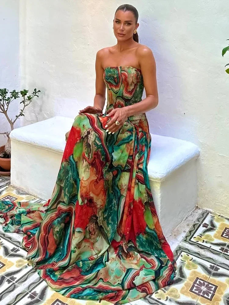 Angel Floral Print Tube Long Dress Women's Fashion Slim Sleeveless Backless Pleated A-line Dresses 2025 Evening Party Gowns
