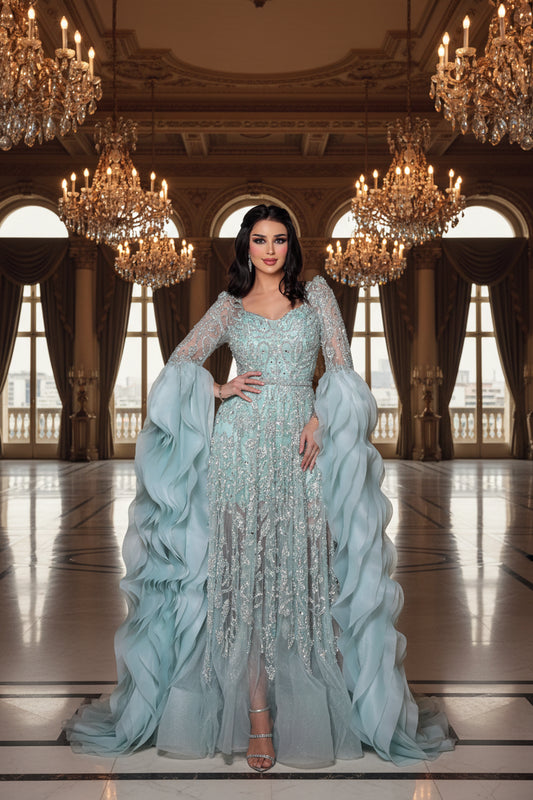 Althea Aqua Luxury Long Sleeve Evening Dress Arabic Beaded Ruffles Gown