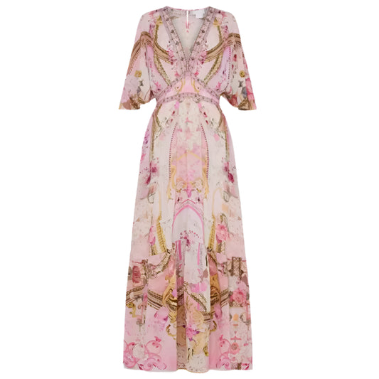 Fia Print V Neck Lantern Sleeve Big Swing Dress