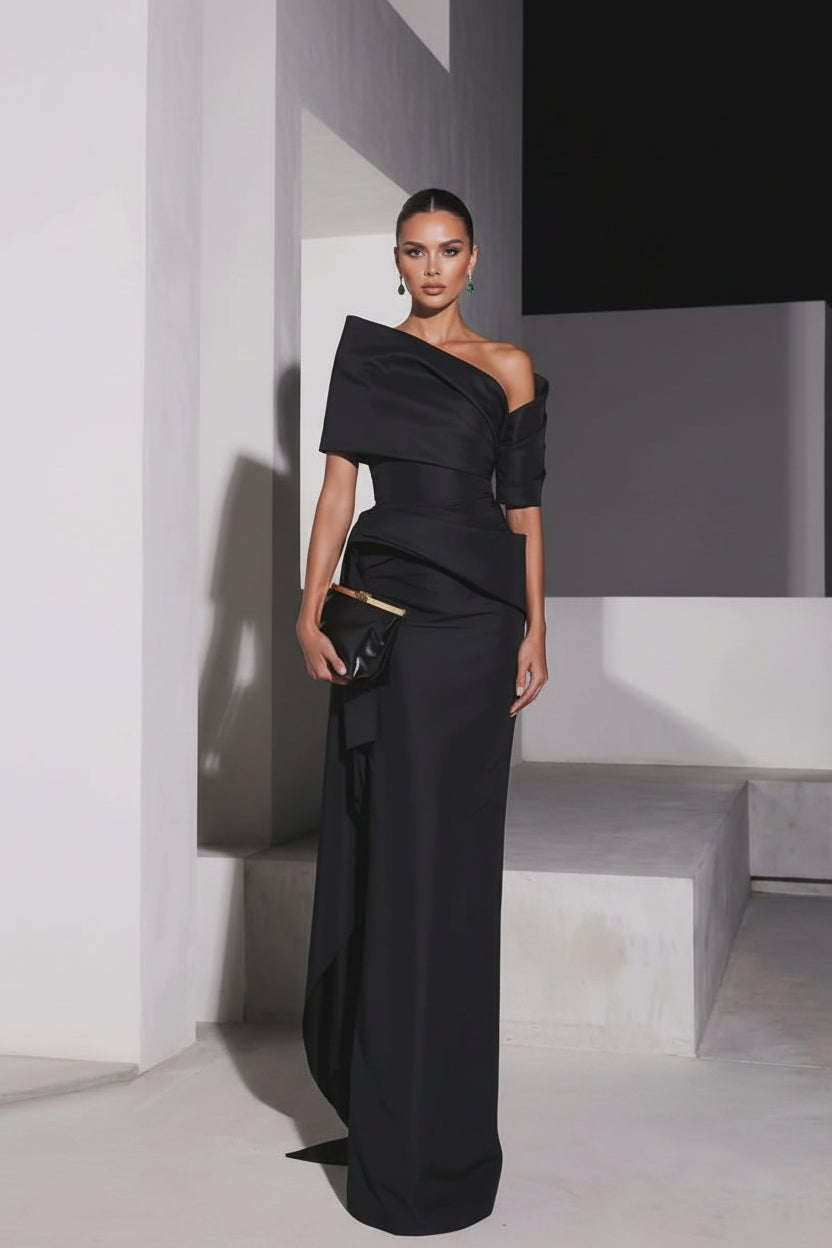 Annabelle Customized Black Satin One Shoulder Evening Dress Draped Ruched Mermaid Prom Dress