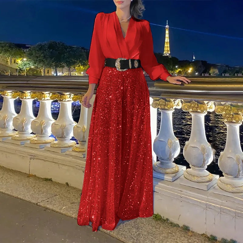 Taru Splice Sequins Maxi Dresses For Women Fashion Folds Loose V Neck Elegant Dress Femme Party Evening Dresses Luxury 2023