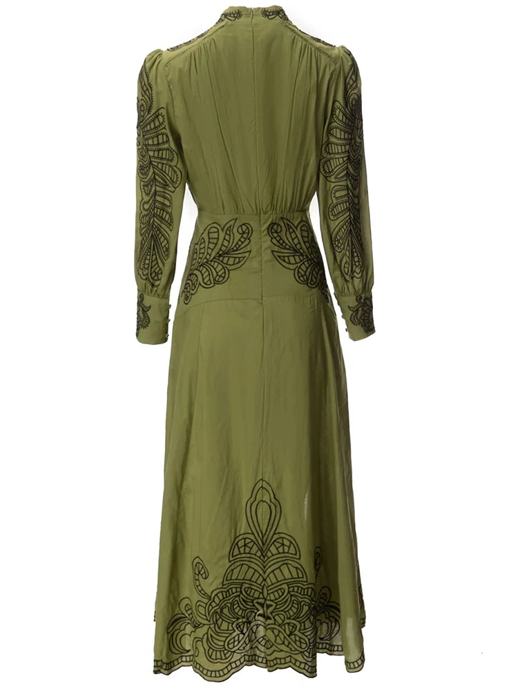 Kallie Stand Collar Lantern Sleeve Embroidery Vintage Slit Dress