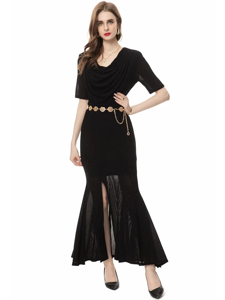 Dorcas Pile Collar Short Sleeve Metal Sashes Elegant Party Slit Dress