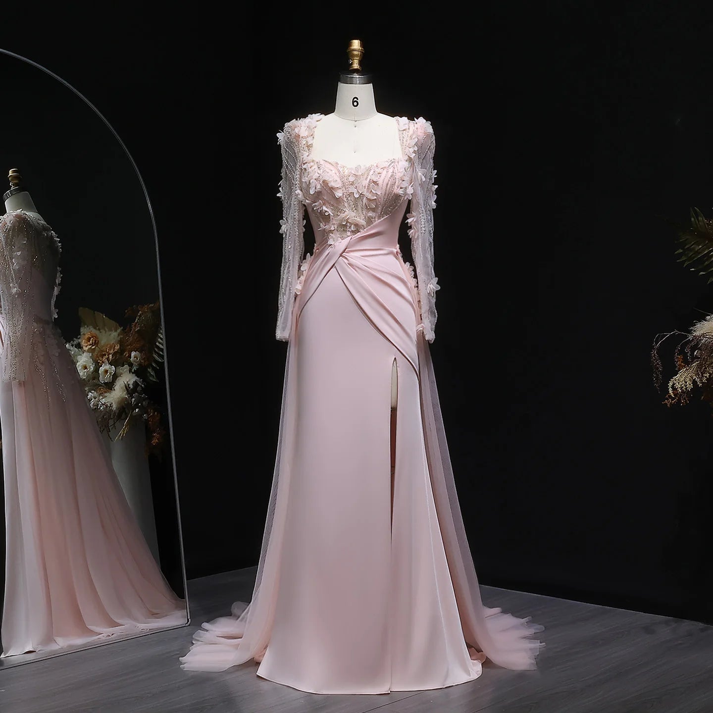 Prescila Pink Long Sleeves Mermaid With Slit 3D Flowers Evening Dress