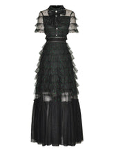 Load image into Gallery viewer, Erica O-Neck Short Sleeve Bow Tie Cascading Ruffles Mesh Polka Dot Dress