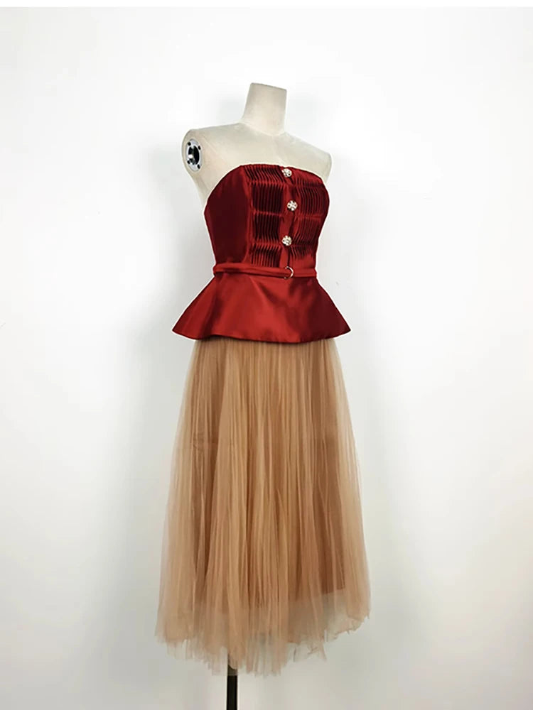 Giovanna Rhinestone Buttons Strapless Pleated Elastic Waist Mesh Skirt 2 Pcs Set