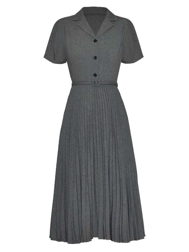 فستان ليندا بياقة مقلوبة وأكمام قصيرة وأوشحة مكتبية واحدة بصدر واحد