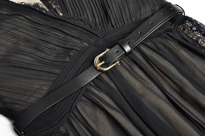 Macie Early Autumn  V-Neck Lantern Sleeve Belt Lace Patchwork Black Elegant Party Dress