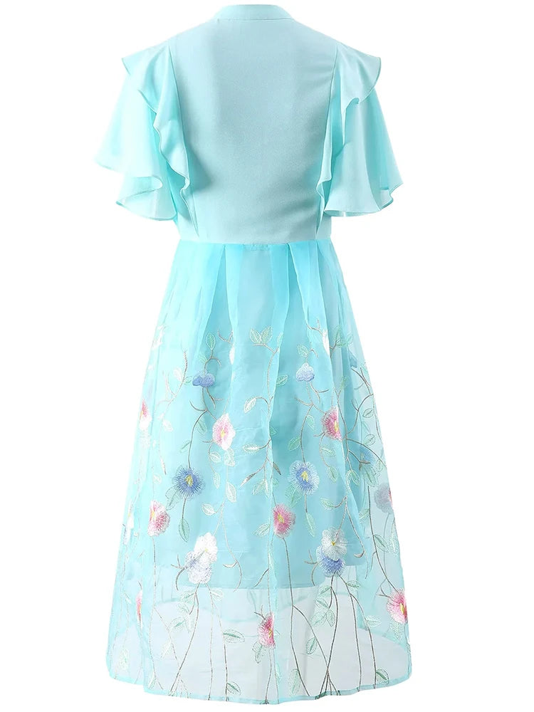 Camille O-Neck Butterfly Sleeve Floral Embroidery Vintage Single-Breasted Dress