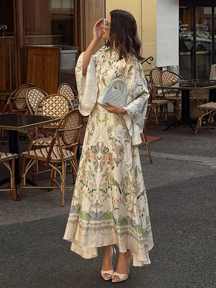 Fiona Floral Print Button Down Mock Neck Maxi Long Lantern Sleeve Dress