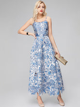 Load image into Gallery viewer, Arianne Square Collar Spaghetti Strap Blue Flower Dress