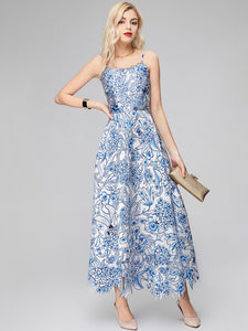Arianne Square Collar Spaghetti Strap Blue Flower Dress