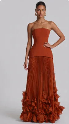Josefa Banquet Strapless Maxi Dress 3D Floral Pleated Train Hem Luxury Gown