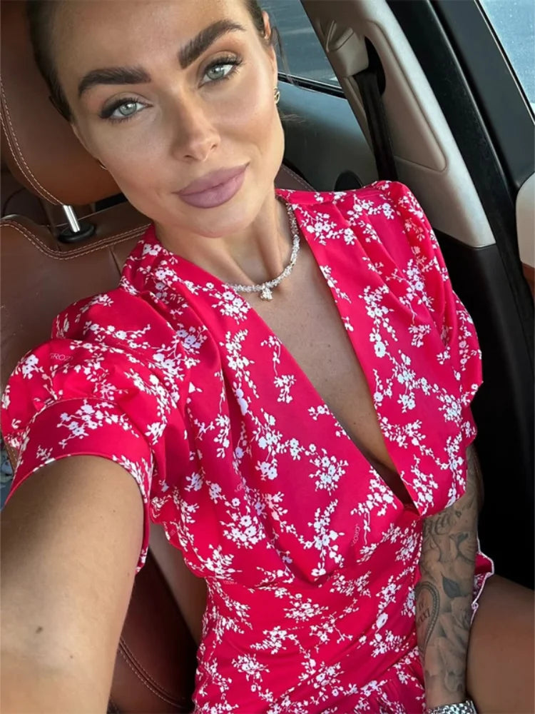 Fiona Floral Print Casual V-neck Puff Sleeve Waistband Ruffle Hem Mini Dress