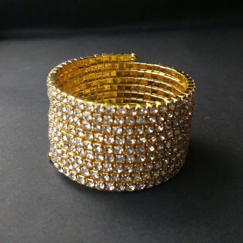 9-reihige Spiral-Strass-Armreife aus versilbertem und goldenem Kristall