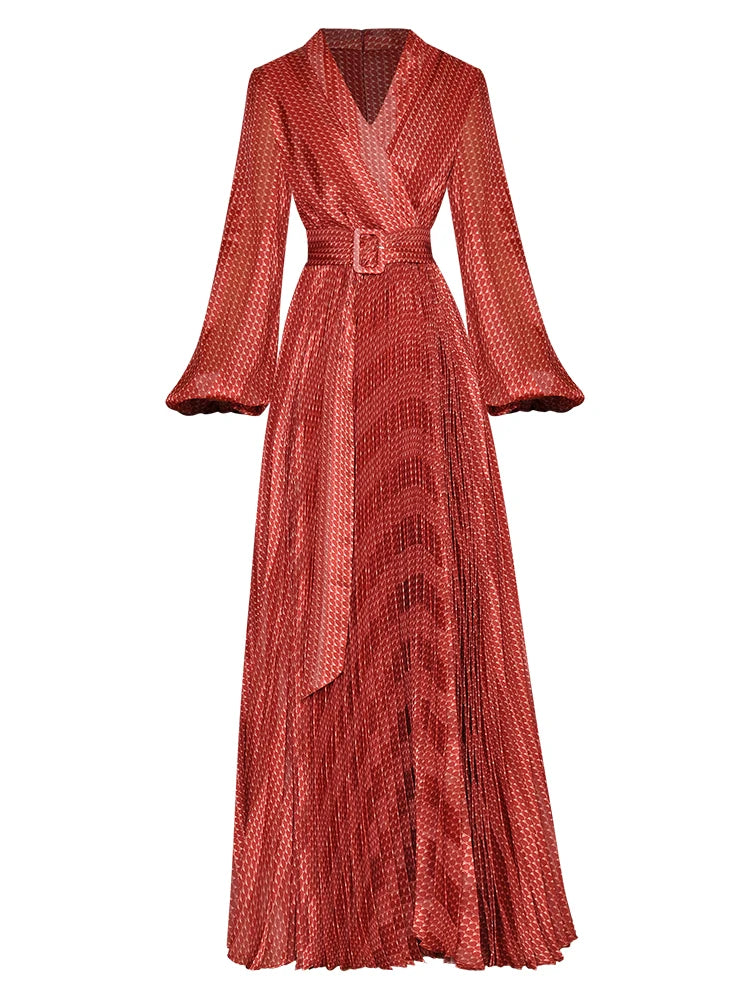 Ladia Chiffon Plaid Printed V-Neck Lace-Up Tie Pleated Large-Hem Dress