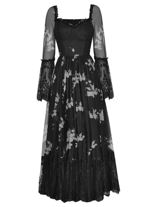 فستان مارلي بياقة مربعة وأكمام واسعة وطبعة زهور ودانتيل مرقع عتيق بدون ظهر