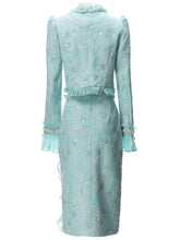 Load image into Gallery viewer, Lottie Tweed Suit Women V-Neck Flare Sleeve Tassel Jacket +Ruffle Pencil Skirt Sequins Beading Set