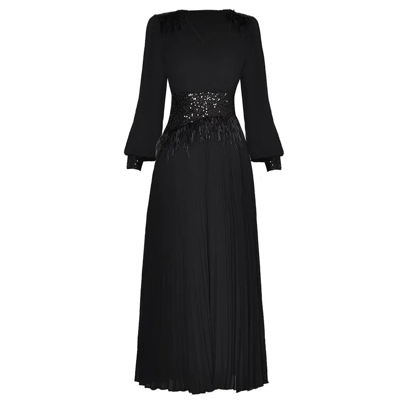 Eleanor  V-Neck Lantern Sleeve Feathers Sequins Patchwork Elegant Party Pleated Black Dress