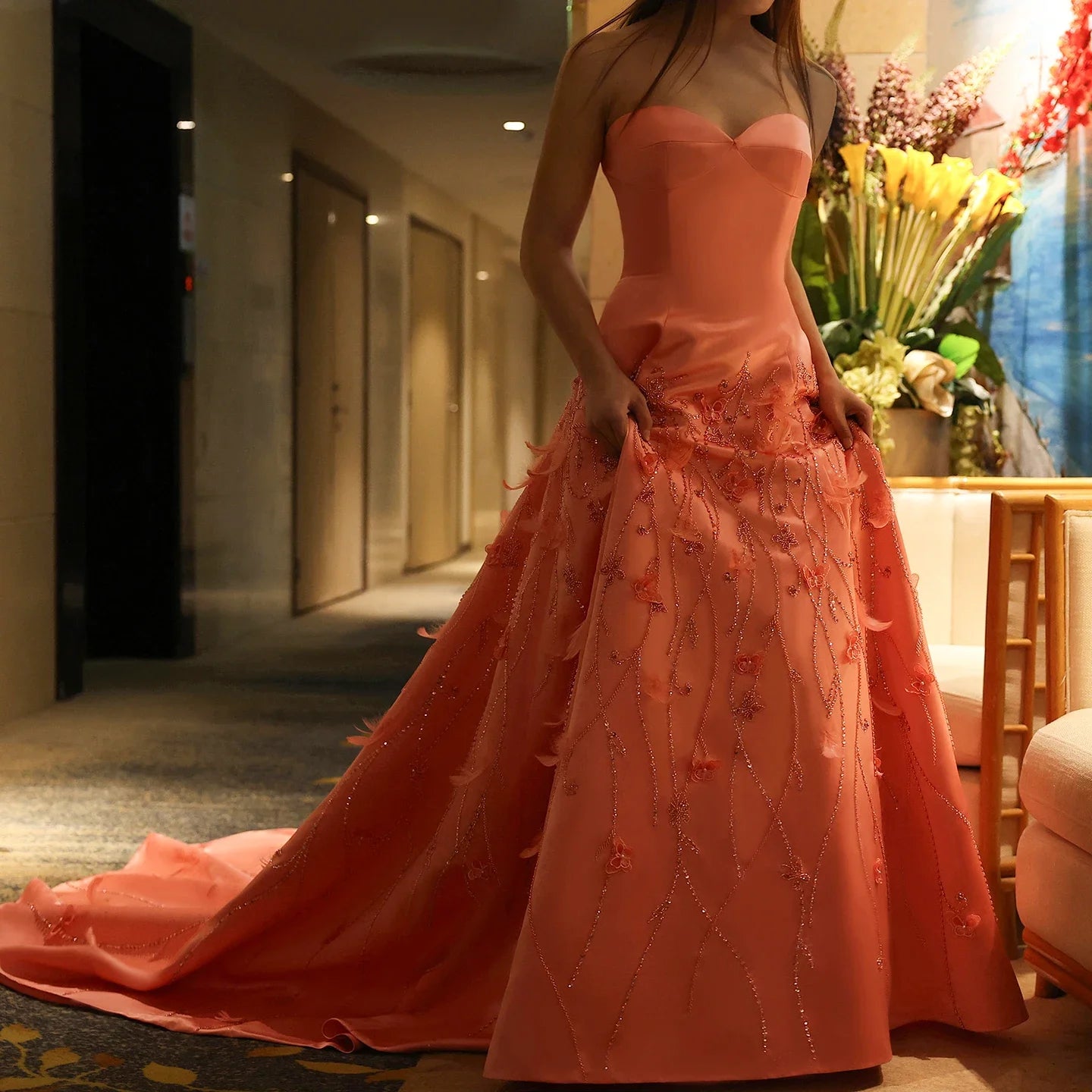 Carrie Coral Pink Luxury Feathers Dubai Evening Dress
