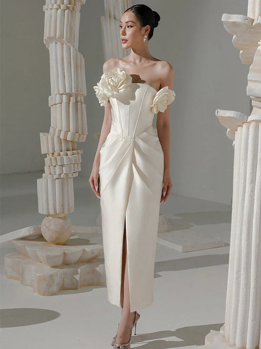 Genesis Strapless Backless Evening Dresses For Women 3D Flower High Split Slim Pleated Party Dress