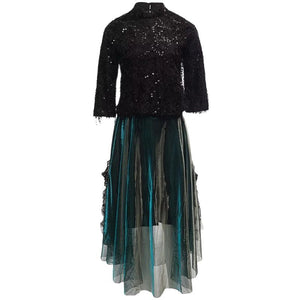 Dolores Half Sleeve Tassel Sequins Tops+Mesh Skirt High Street Two Pieces Set