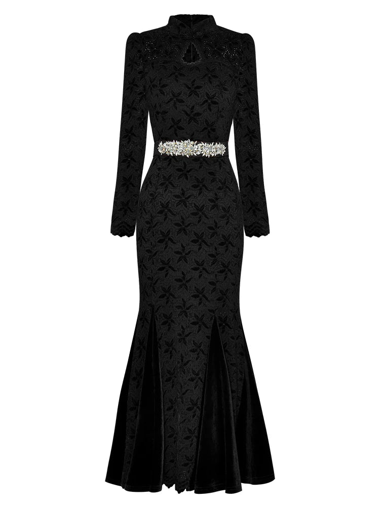 Nur Velvet Print Hollow Lace Up Spliced Long Sleeve High Waist Elegant Dress