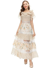 Load image into Gallery viewer, Helen Square Collar Butterfly Sleeve Hollow Out Ruffle Flowers Print Vintage Long Dress