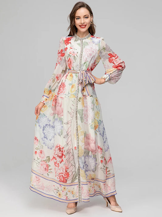 Dolorita Lantern Long Sleeve Lace-up Flower Printing Dress