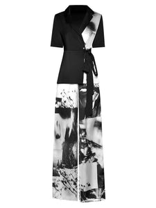 Thea Vintage Print Pant Set Women Lapel Frenulum Slim Top+Elastic Waist Wide Leg Trousers 2 Pieces Set