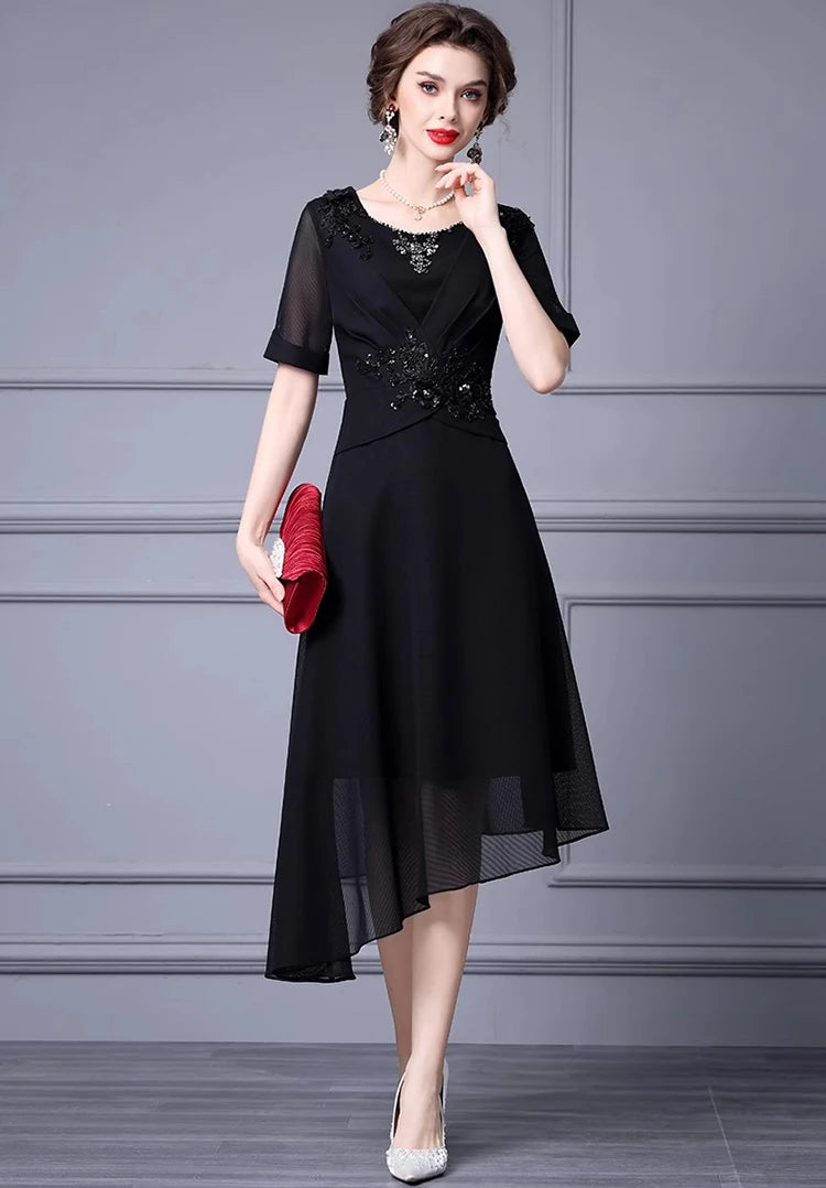 Valerie Crystal Beading Appliques High Street Solid Color Asymmetrical Dress