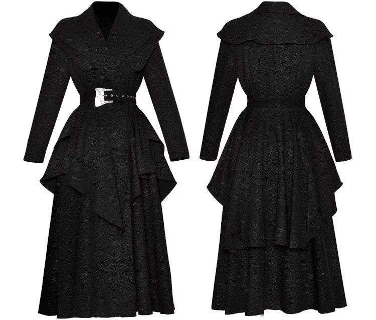 Elora Turn-Down Collar Long-Sleeved Flounced Edge Splicing Dress