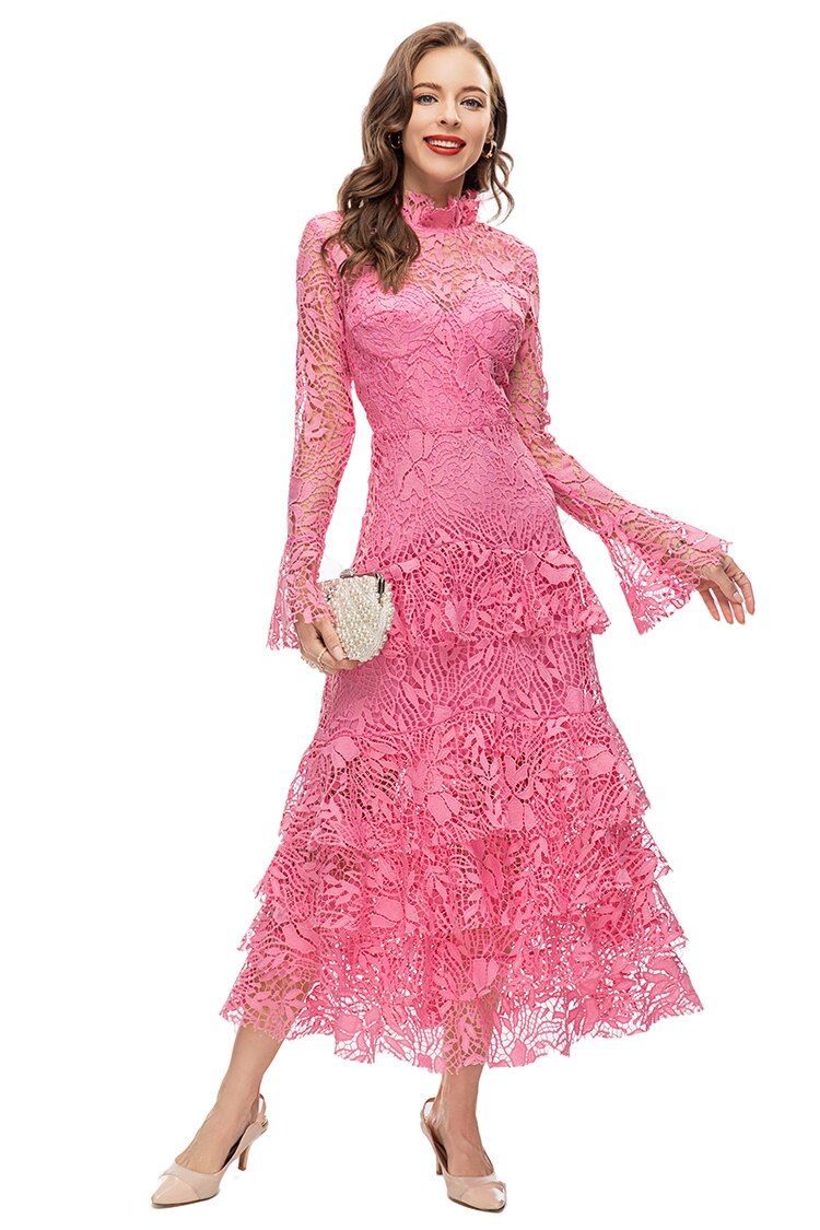 Ivy Pink Vintage  Long Sleeve Cascading Ruffle Hollow Out Midi Dress