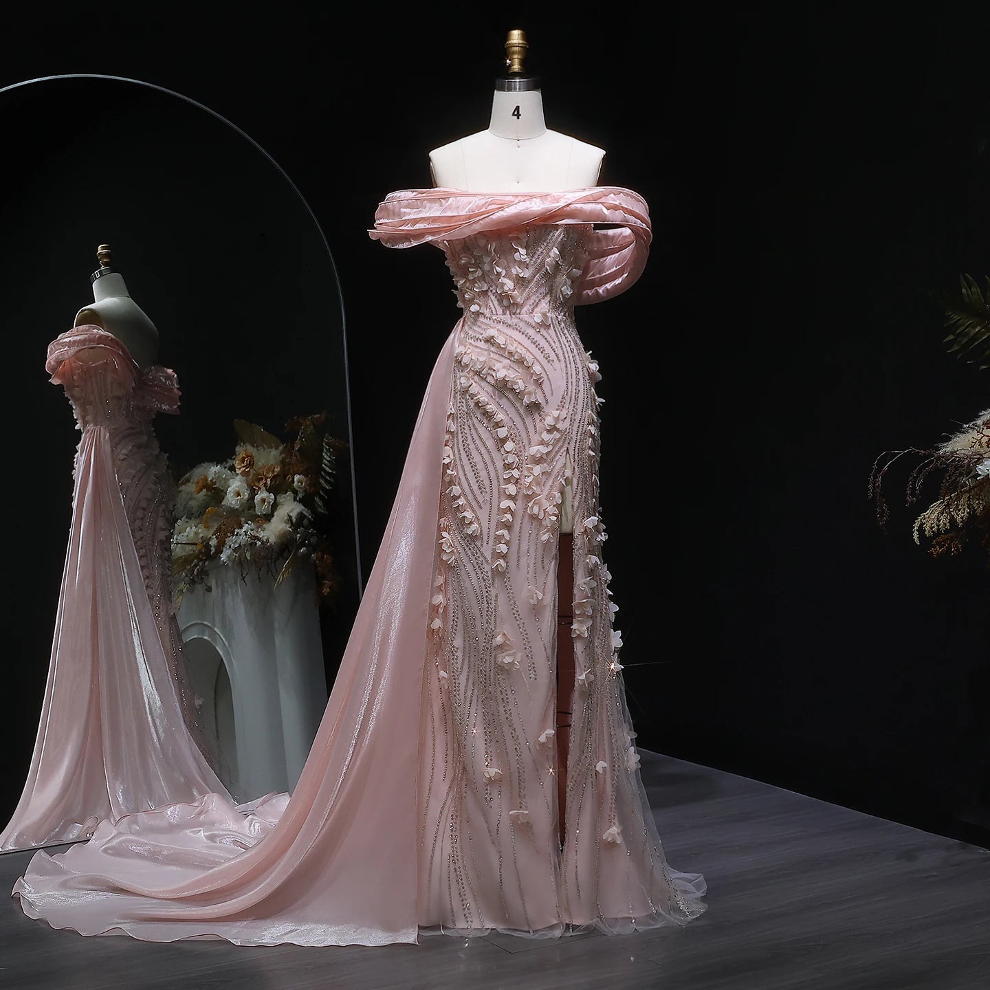 Peony Pink Off Shoulder with 3D Floral Appliques Evening Dress