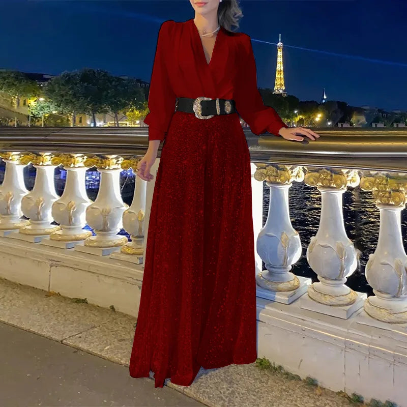 Taru Splice Sequins Maxi Dresses For Women Fashion Folds Loose V Neck Elegant Dress Femme Party Evening Dresses Luxury 2023