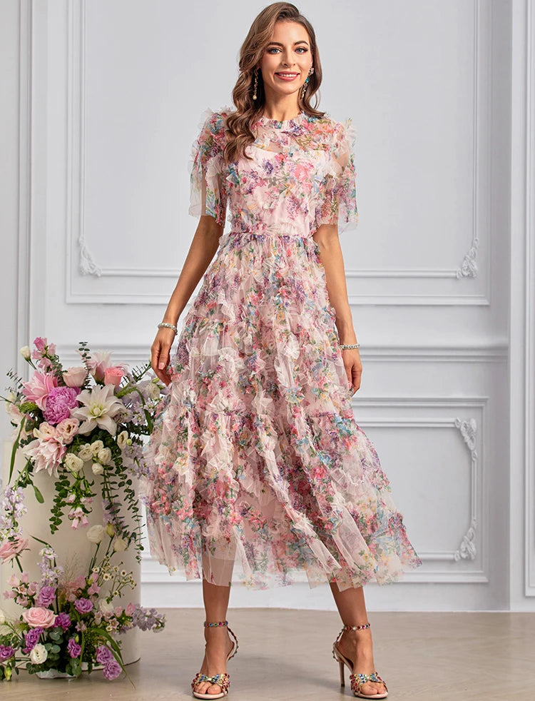 Noor Bohemian Floral Print Net Yarn Cascading Ruffle Sexy Dress – VanillaStyle