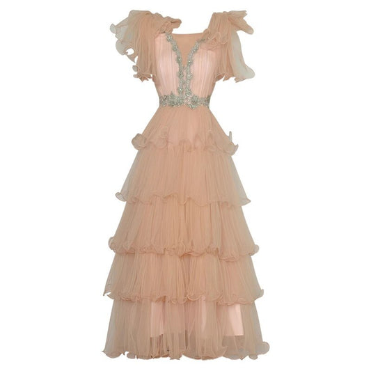 Sol Frühherbst Rückenfreies Kleid Frauen V-Ausschnitt Schmetterling Ärmel Perlen Applikationen Elegante Party Kuchen Kleid