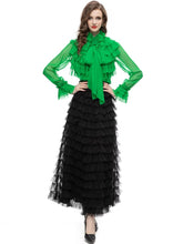 Load image into Gallery viewer, Emely Stand Collar Flare Sleeve Shirt+Mesh Ruffled Long Skirt Vintage 2 Pieces Set