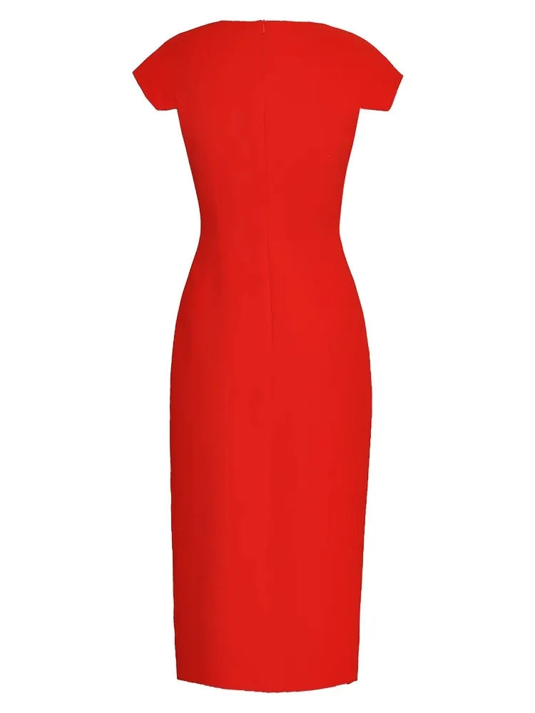 Rebecca Short Sleeve Folds Solid Color Office Lady Office Lady Split Dress