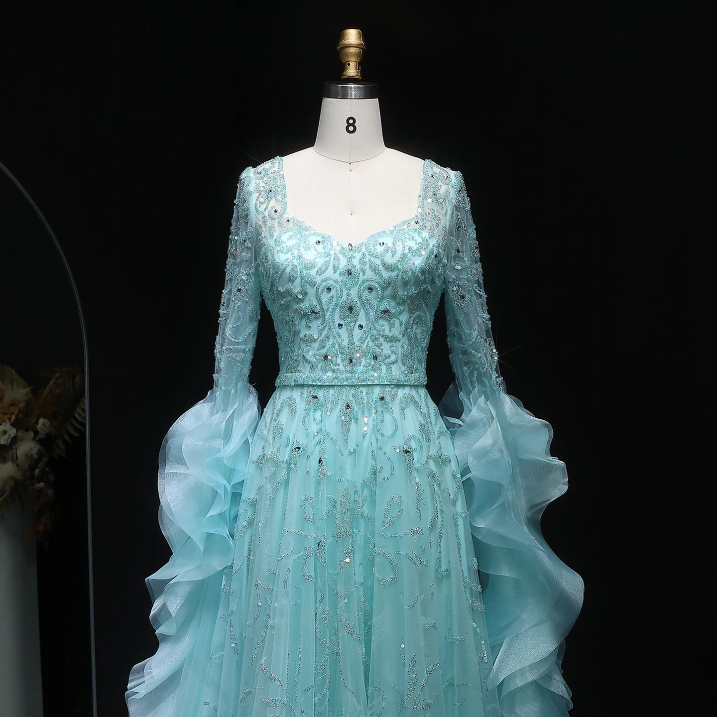 Althea Aqua Luxury Long Sleeve Evening Dress Arabic Beaded Ruffles Gown