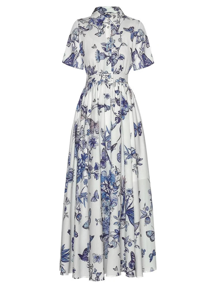 Beatrice Single Breasted Lace-Up Elegant Print Party Cotton Long Dress