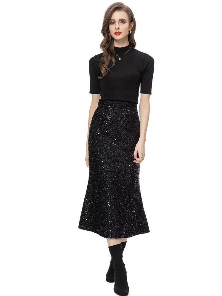 Credence Knitted Pullover Tops + Sequins Mermaid Skirt Office Lady 2 Piece Set