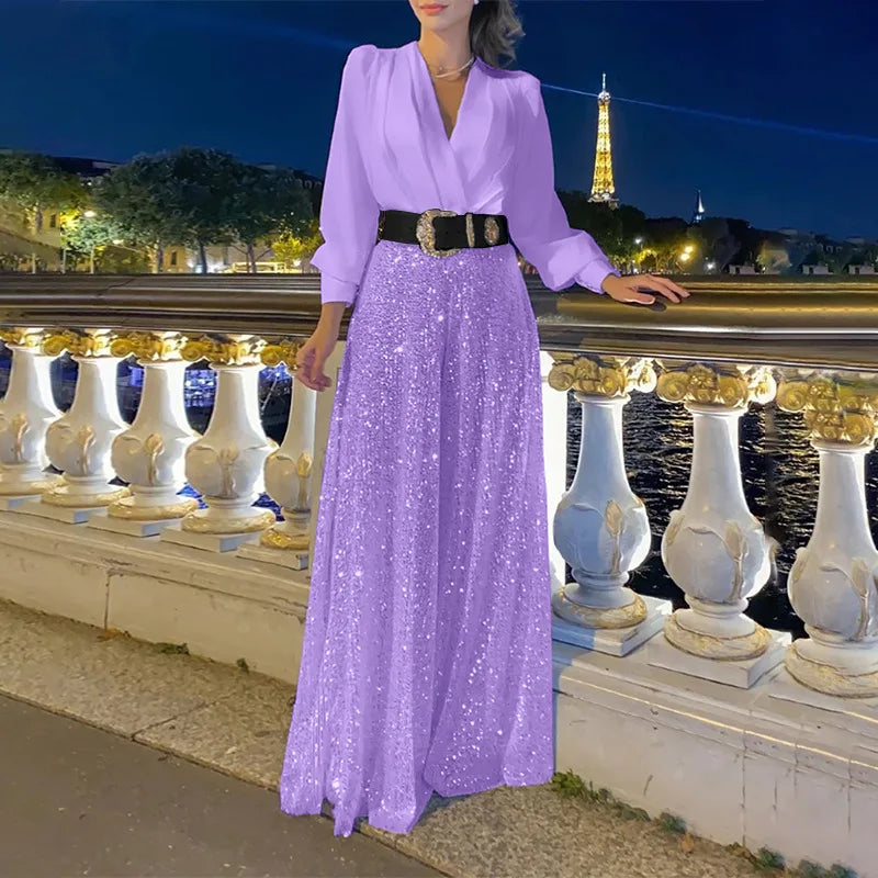 Taru Splice Sequins Maxi Dresses For Women Fashion Folds Loose V Neck Elegant Dress Femme Party Evening Dresses Luxury 2023