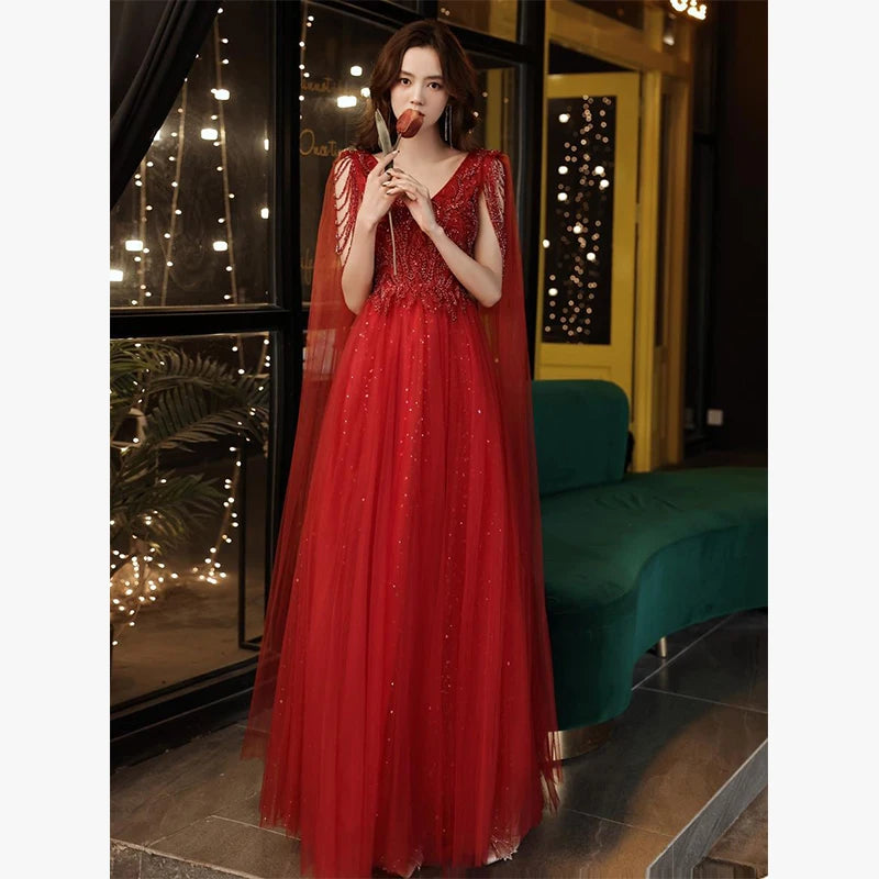 Jheanx Sexy V-neck Ball Gown Wedding Evening Party Summer Dress French Red Sequined Bride Wedding Dress Women Formal Vestidos