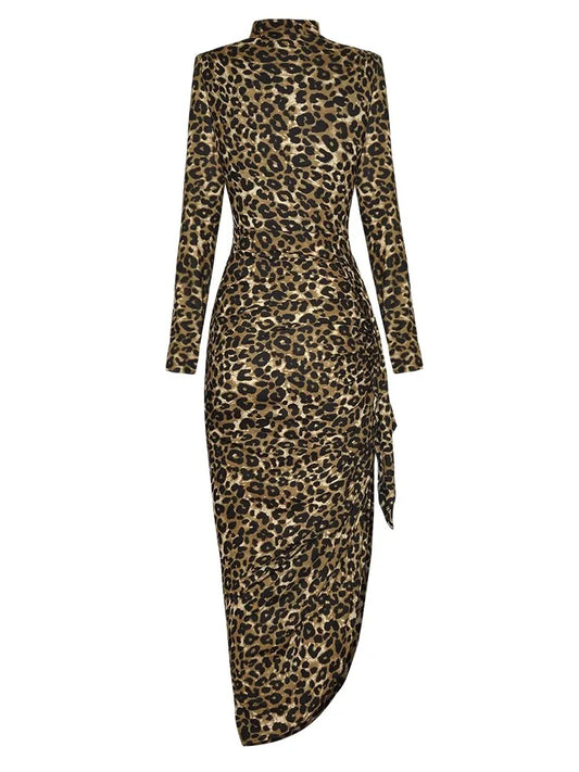 Neriah Asymmetrical Dress Women Square Collar Long Sleeve Folds Leopard Print Elegant Party Dress