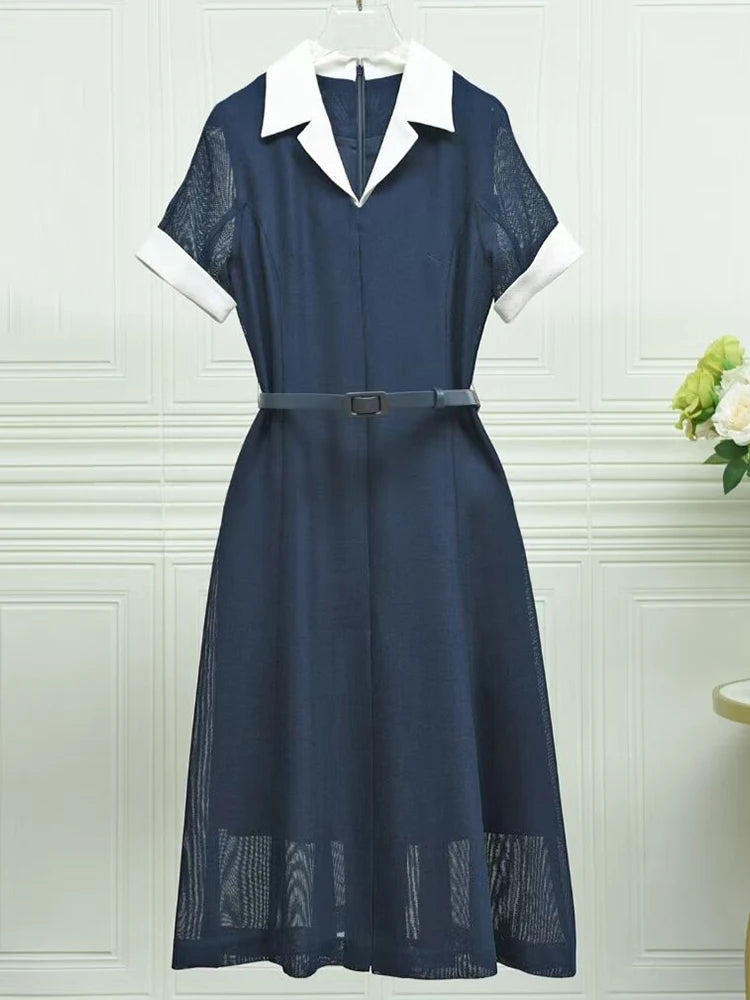 Doris Turn-down Collar Short Sleeve Sashes Contrasting Colors Office Lady Dress