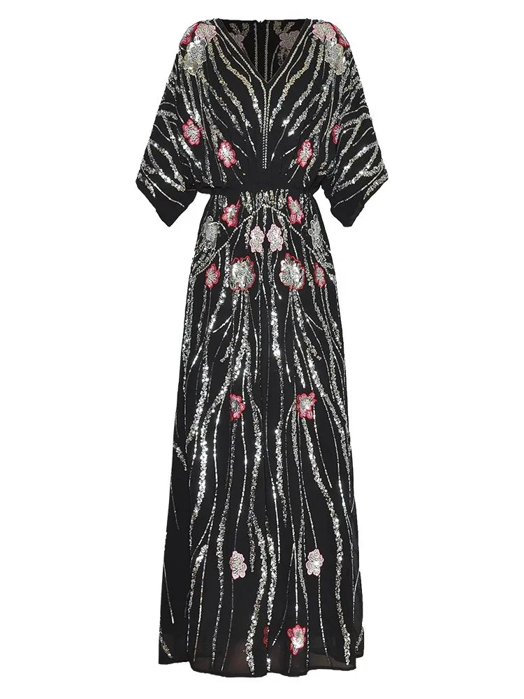 Antonella V-Neck Batwing Sleeve Sequins Embroidery Beading Vintage Evening Dress