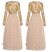 Load image into Gallery viewer, Aya Dress Mesh O-Neck Floral Embroidery Cascading Ruffle Elegant Party High Waist Dress