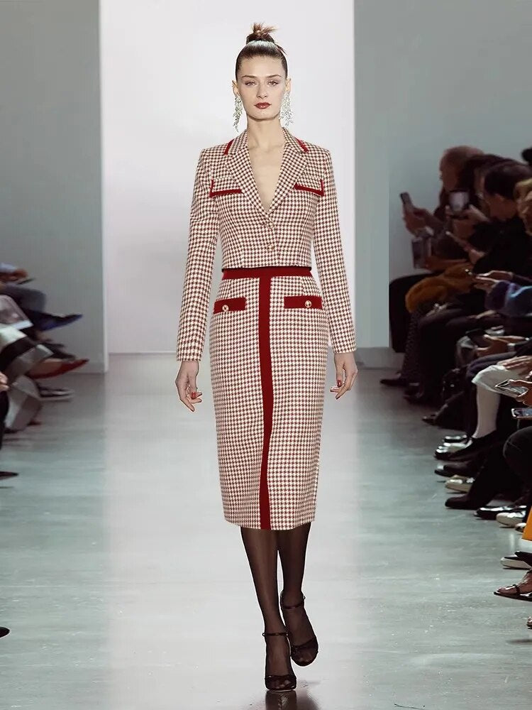 Kori Plaid Tweed Suit Women Turn-down Collar Long Sleeve Short Coat+Pencil Long Skirt 2-Piece Set